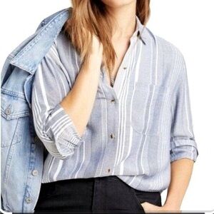 Anthropologie Maeve Shirt Sz Large Blue Chatham Striped Button Down Blouse